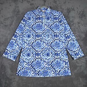 Jude Connally Blue White Tile Print Tunic Top 3/4 Sleeve Women’s Size M USA